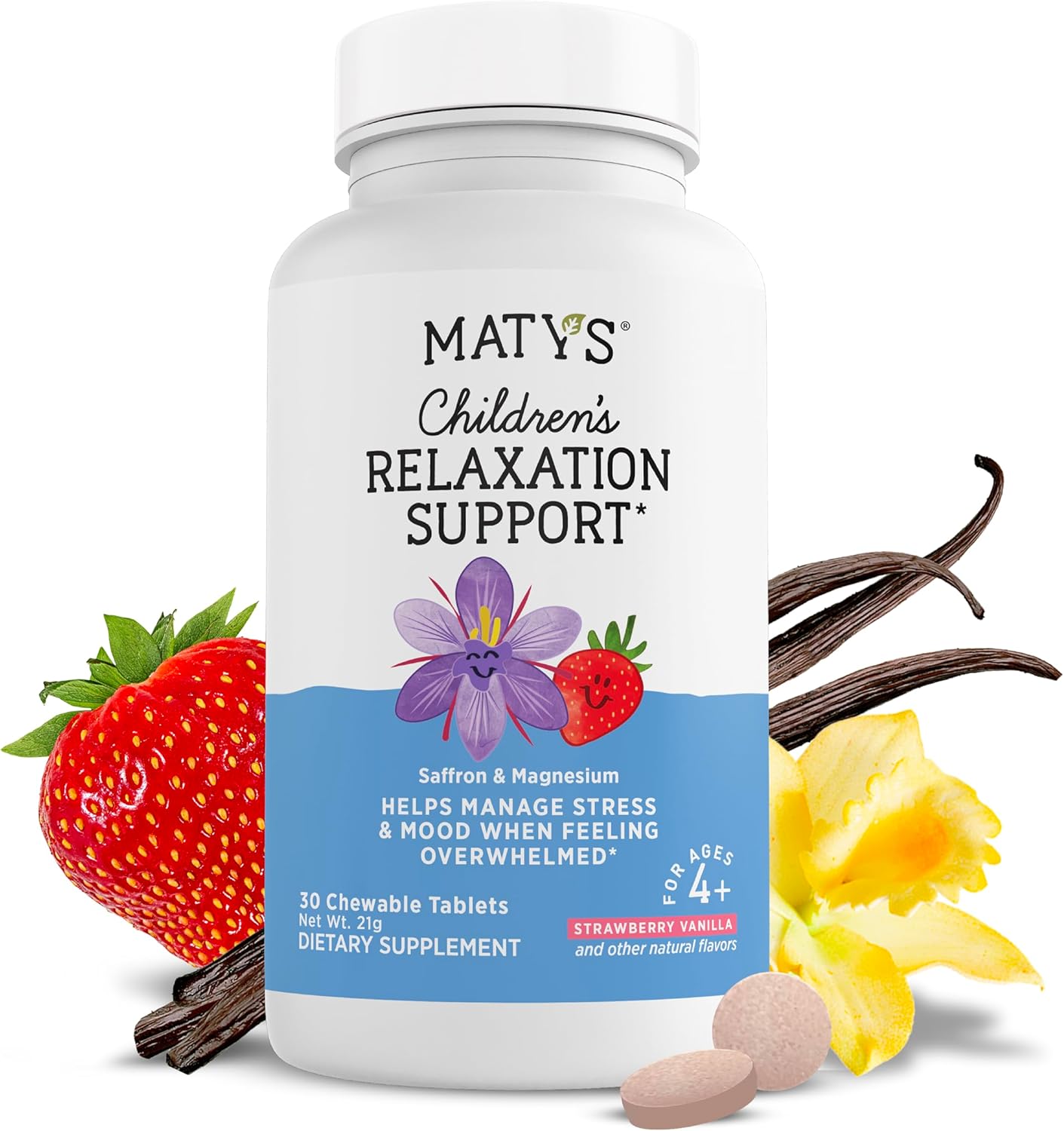 Matys Kids Relaxation Support Chewable Tablets with Magnesium & Saffron, Calm Active Mind & Body, Clean Alternative, 30 Count