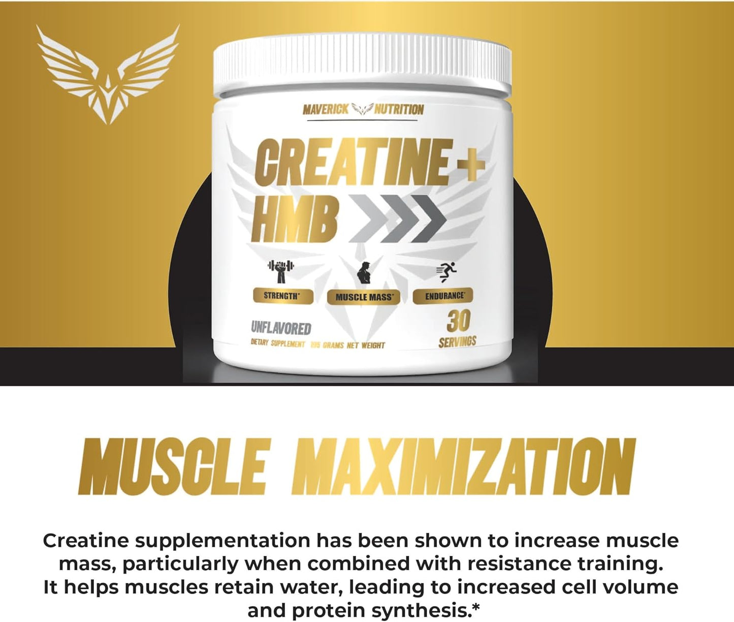 Maverick Nutrition Creatine HMB Powder - Unflavored - 30 Servings - Men's Creatine Supplement