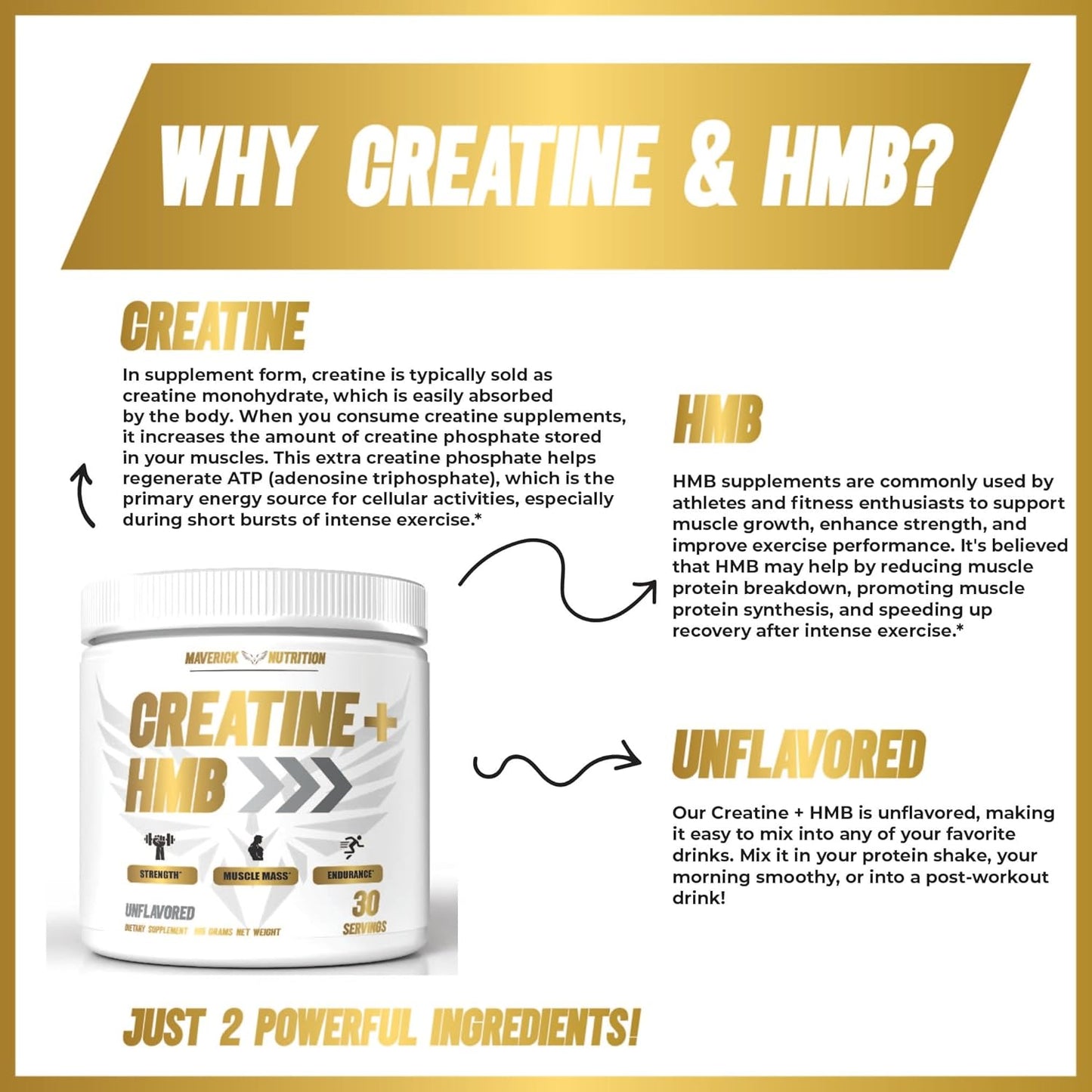Maverick Nutrition Creatine HMB Powder - Unflavored - 30 Servings - Men's Creatine Supplement
