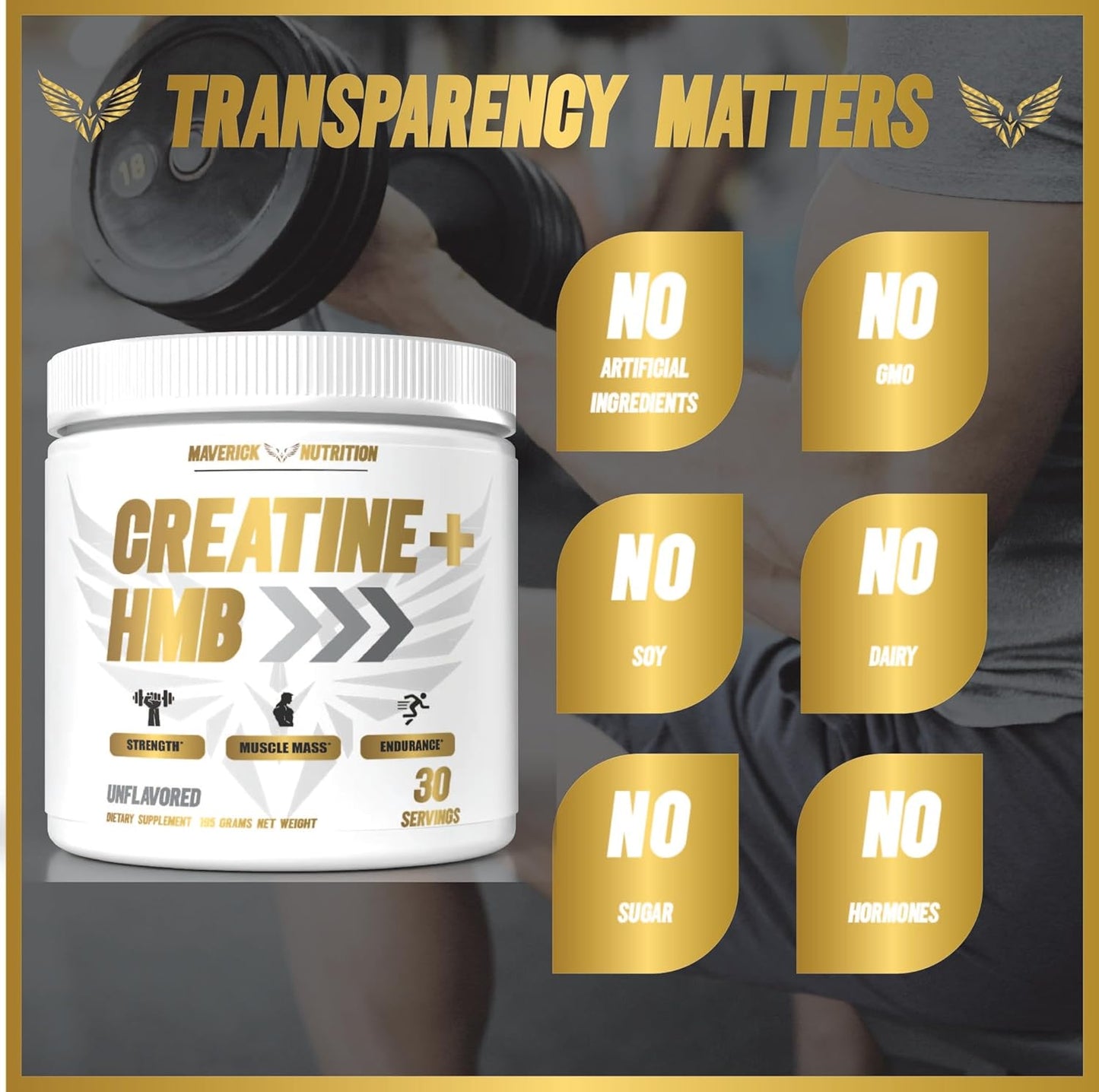 Maverick Nutrition Creatine HMB Powder - Unflavored - 30 Servings - Men's Creatine Supplement