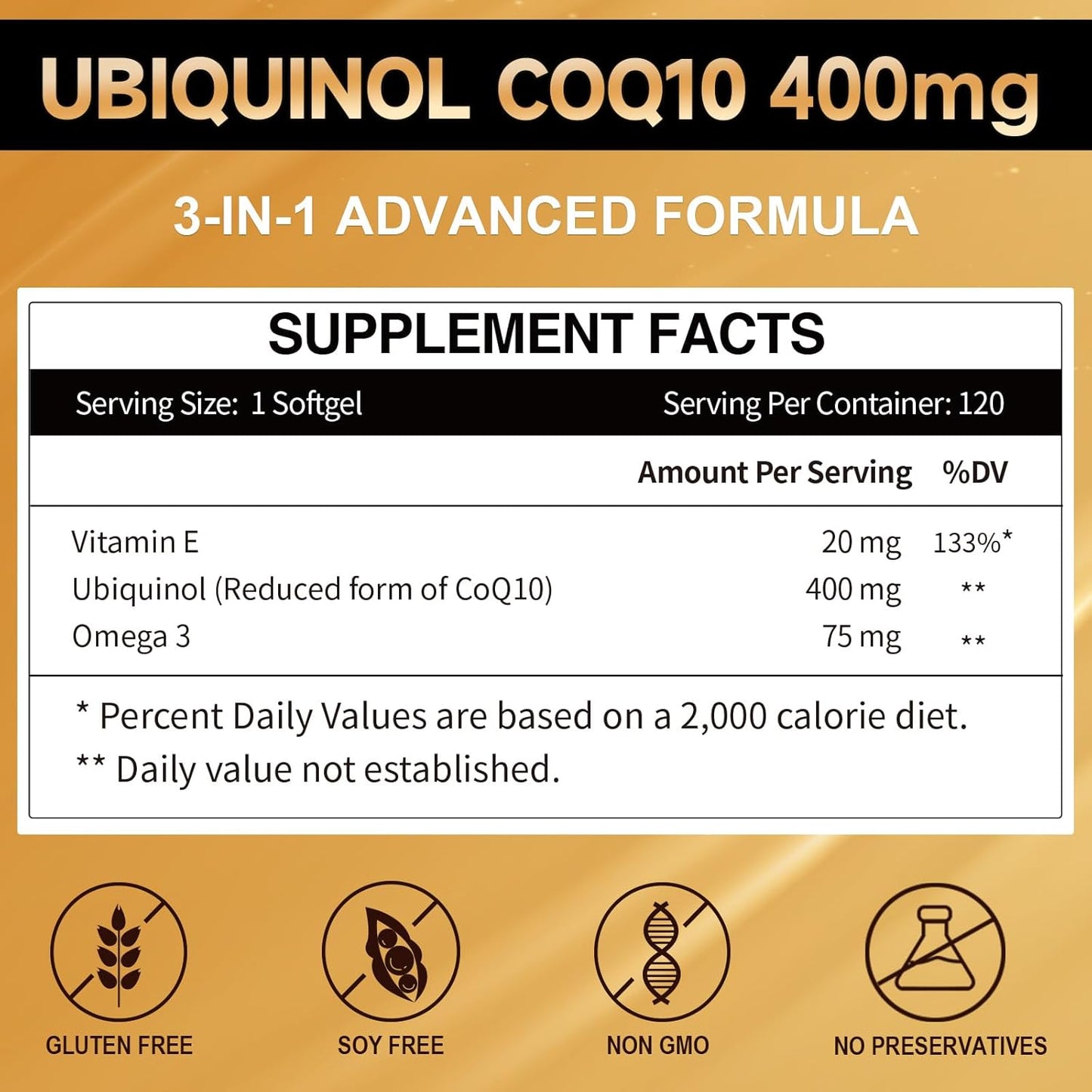 Max-Absorption Cozynol Ubiqunol CoQ10 400mg Softgels with Vitamin E & Omega-3 - Powerful Antioxidant for Heart Health & Energy - 120 Count, Non-GMO