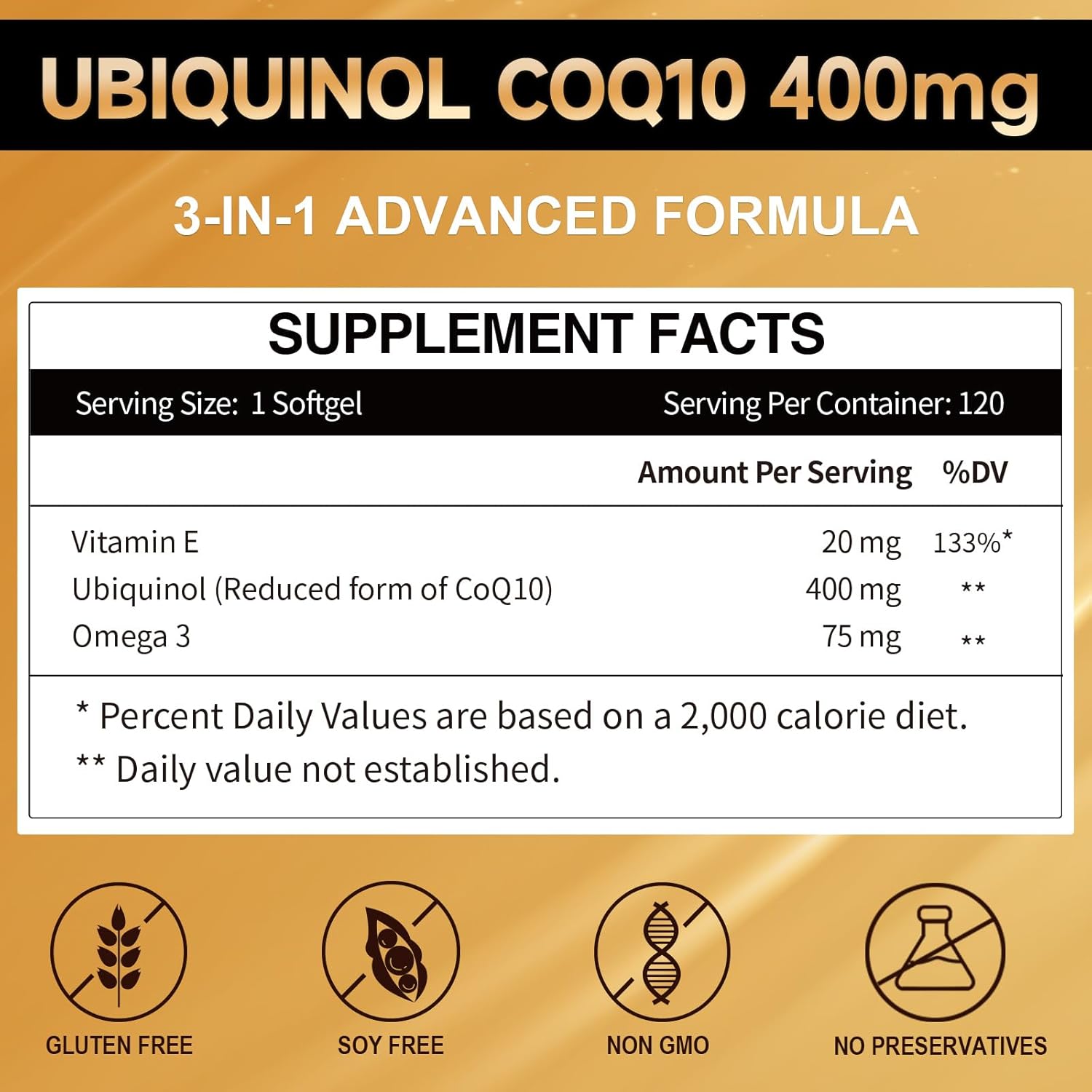 Max-Absorption Cozynol Ubiqunol CoQ10 400mg Softgels with Vitamin E & Omega-3 - Powerful Antioxidant for Heart Health & Energy - 120 Count, Non-GMO