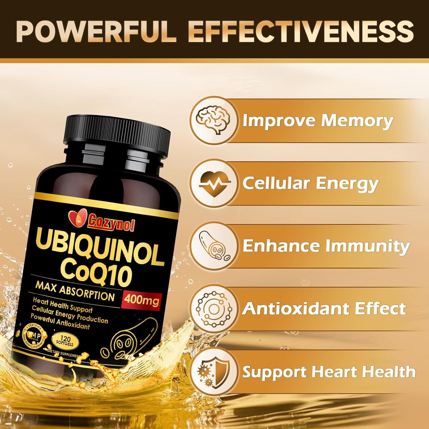 Max-Absorption Cozynol Ubiqunol CoQ10 400mg Softgels with Vitamin E & Omega-3 - Powerful Antioxidant for Heart Health & Energy - 120 Count, Non-GMO