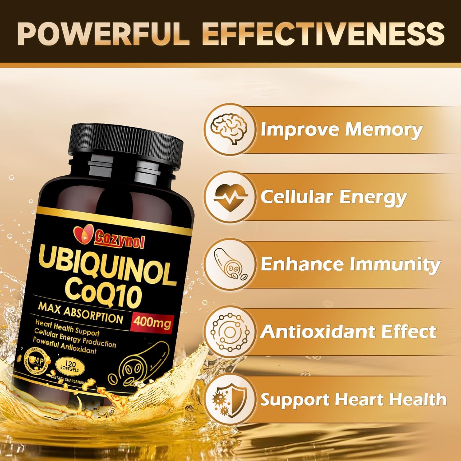 Max-Absorption Cozynol Ubiqunol CoQ10 400mg Softgels with Vitamin E & Omega-3 - Powerful Antioxidant for Heart Health & Energy - 120 Count, Non-GMO