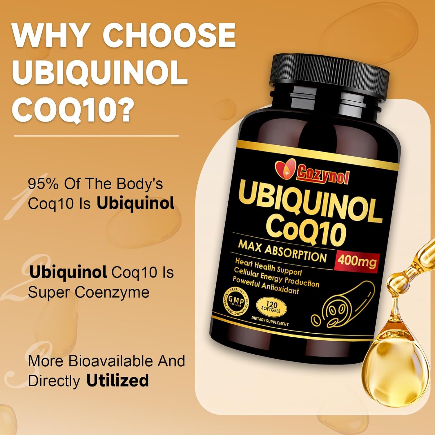 Max-Absorption Cozynol Ubiqunol CoQ10 400mg Softgels with Vitamin E & Omega-3 - Powerful Antioxidant for Heart Health & Energy - 120 Count, Non-GMO