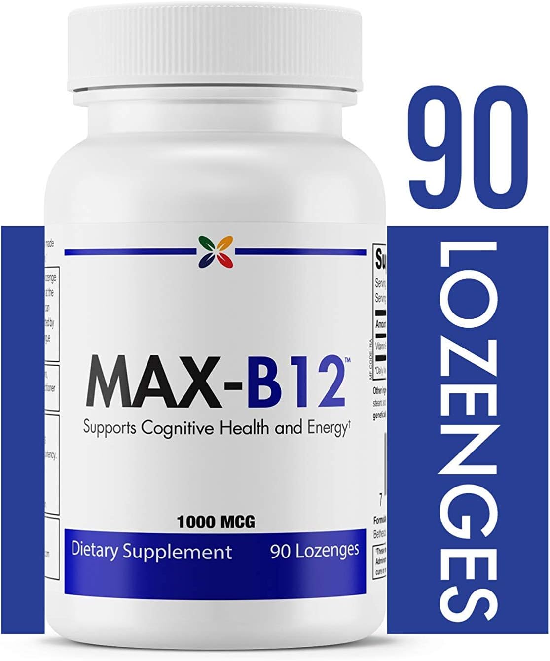 MAX-B12 Lozenges 1000 MCG - Immune, Energy, Brain Support - Stress Relief, Sleep Aid - 90 Count