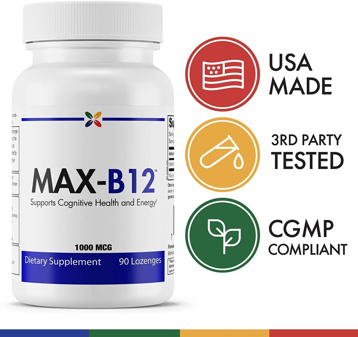 MAX-B12 Lozenges 1000 MCG - Immune, Energy, Brain Support - Stress Relief, Sleep Aid - 90 Count