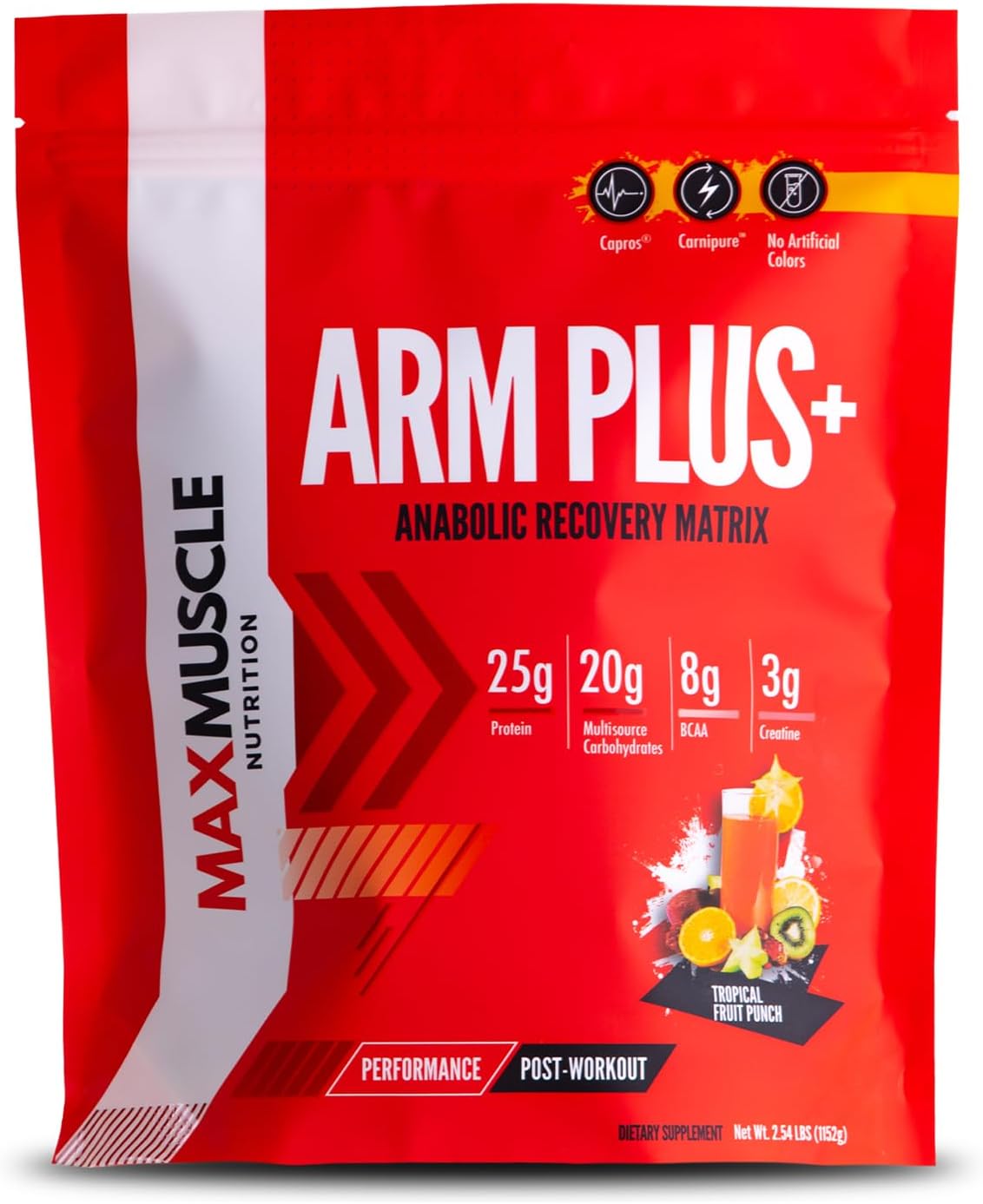 Max Muscle Arm Plus+ Anabolic Recovery Matrix with Whey Protein, BCAAs, Creatine Monohydrate, Glutamine, Antioxidants, and Electrolytes - Tropical Punch Flavor - 2.54 lb