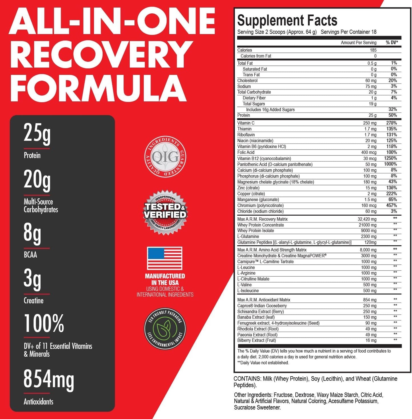 Max Muscle Arm Plus+ Anabolic Recovery Matrix with Whey Protein, BCAAs, Creatine Monohydrate, Glutamine, Antioxidants, and Electrolytes - Tropical Punch Flavor - 2.54 lb