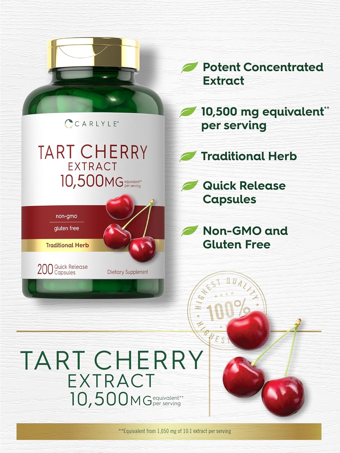 Max Potency Carlyle Tart Cherry Capsules - 10,500mg, 200 Pills - Non-GMO, Gluten Free Extract