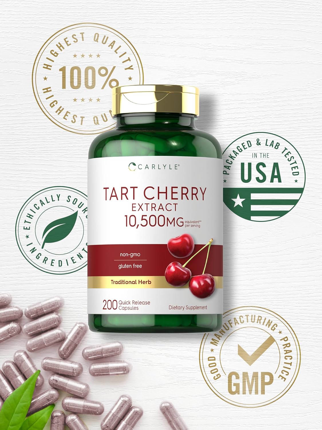Max Potency Carlyle Tart Cherry Capsules - 10,500mg, 200 Pills - Non-GMO, Gluten Free Extract