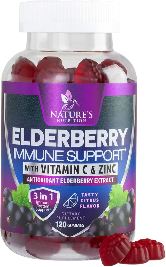 Max Potency Elderberry Gummies with Zinc & Vitamin C for Immune Support - Vegan Supplement for Adults & Kids - 120 Gummies