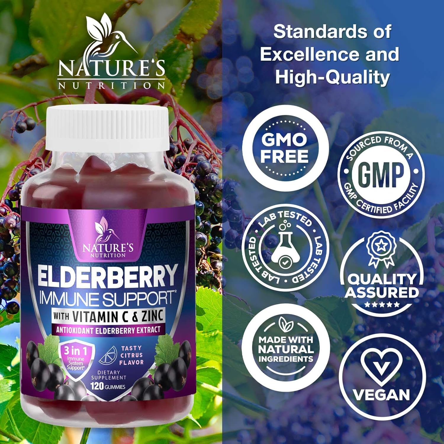 Max Potency Elderberry Gummies with Zinc & Vitamin C for Immune Support - Vegan Supplement for Adults & Kids - 120 Gummies