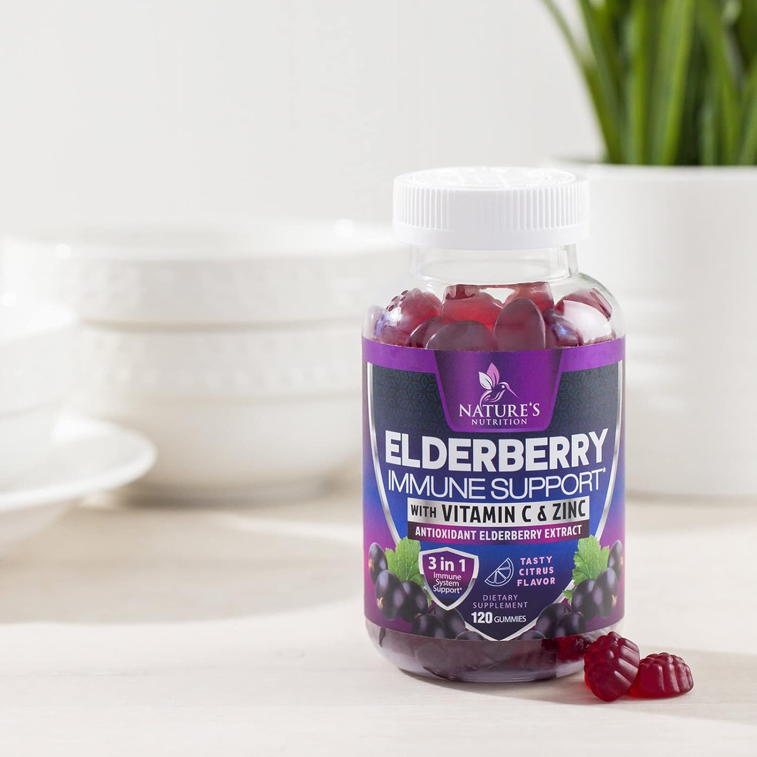 Max Potency Elderberry Gummies with Zinc & Vitamin C for Immune Support - Vegan Supplement for Adults & Kids - 120 Gummies
