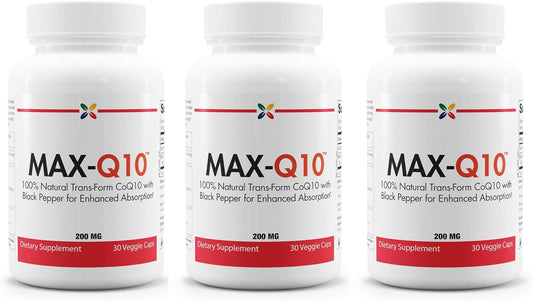 MAX-Q10 CoEnzyme Q10 200mg - Natural Trans-Form CoQ10 with Black Pepper - 90 Veggie Capsules (3 Bottles)