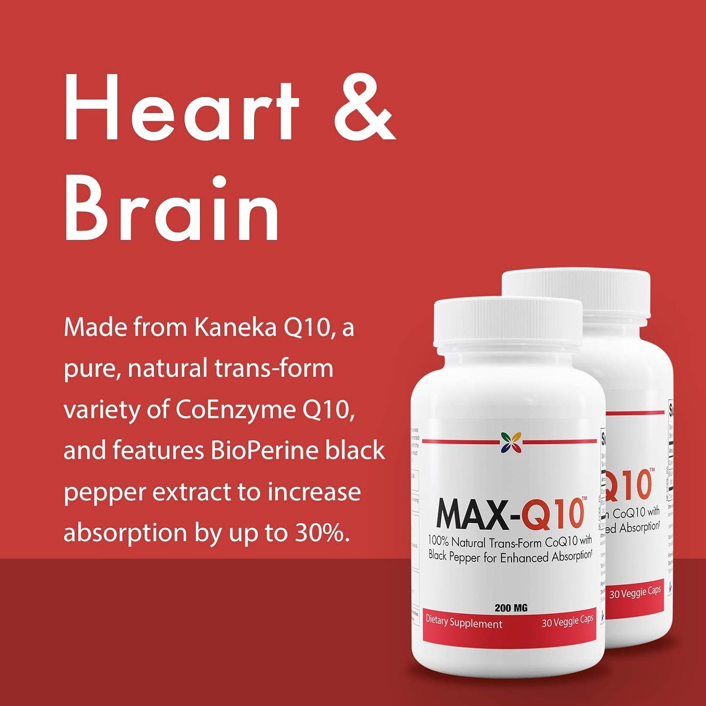 MAX-Q10 CoEnzyme Q10 200mg - Natural Trans-Form CoQ10 with Black Pepper - 90 Veggie Capsules (3 Bottles)