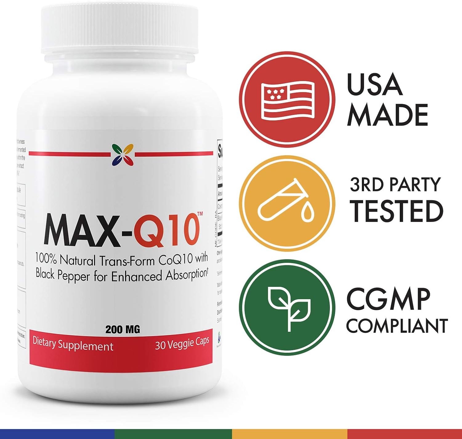 MAX-Q10 CoEnzyme Q10 200mg - Natural Trans-Form CoQ10 with Black Pepper - 90 Veggie Capsules (3 Bottles)
