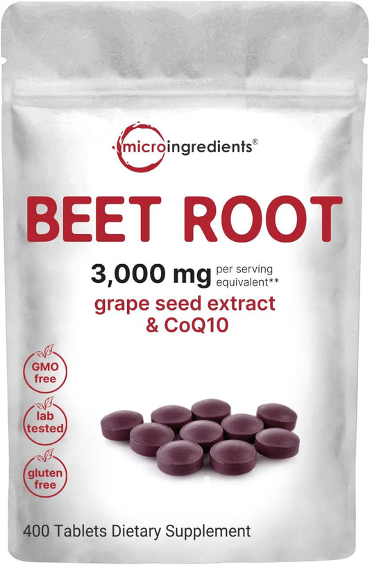Max Strength Beet Root 3,000mg Tablets with Grape Seed Extract & CoQ10 - Energy & Heart Health Support - 400 Count - Non-GMO, Gluten Free