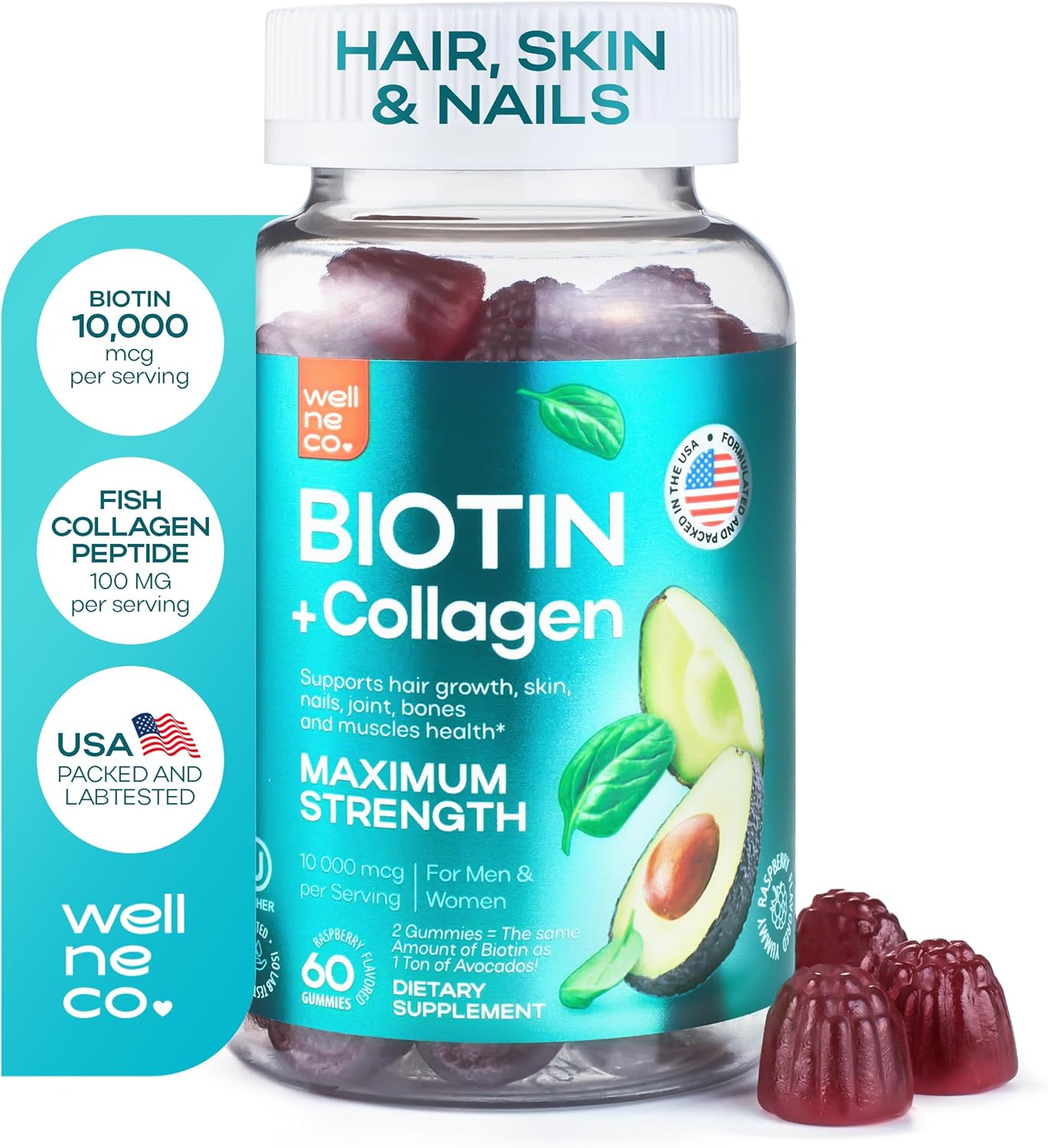 Max Strength Biotin Collagen Gummies - Hair, Skin, Nails Supplement - Non-GMO, Gluten Free, Gelatin Free - Beauty Gummies Women Men