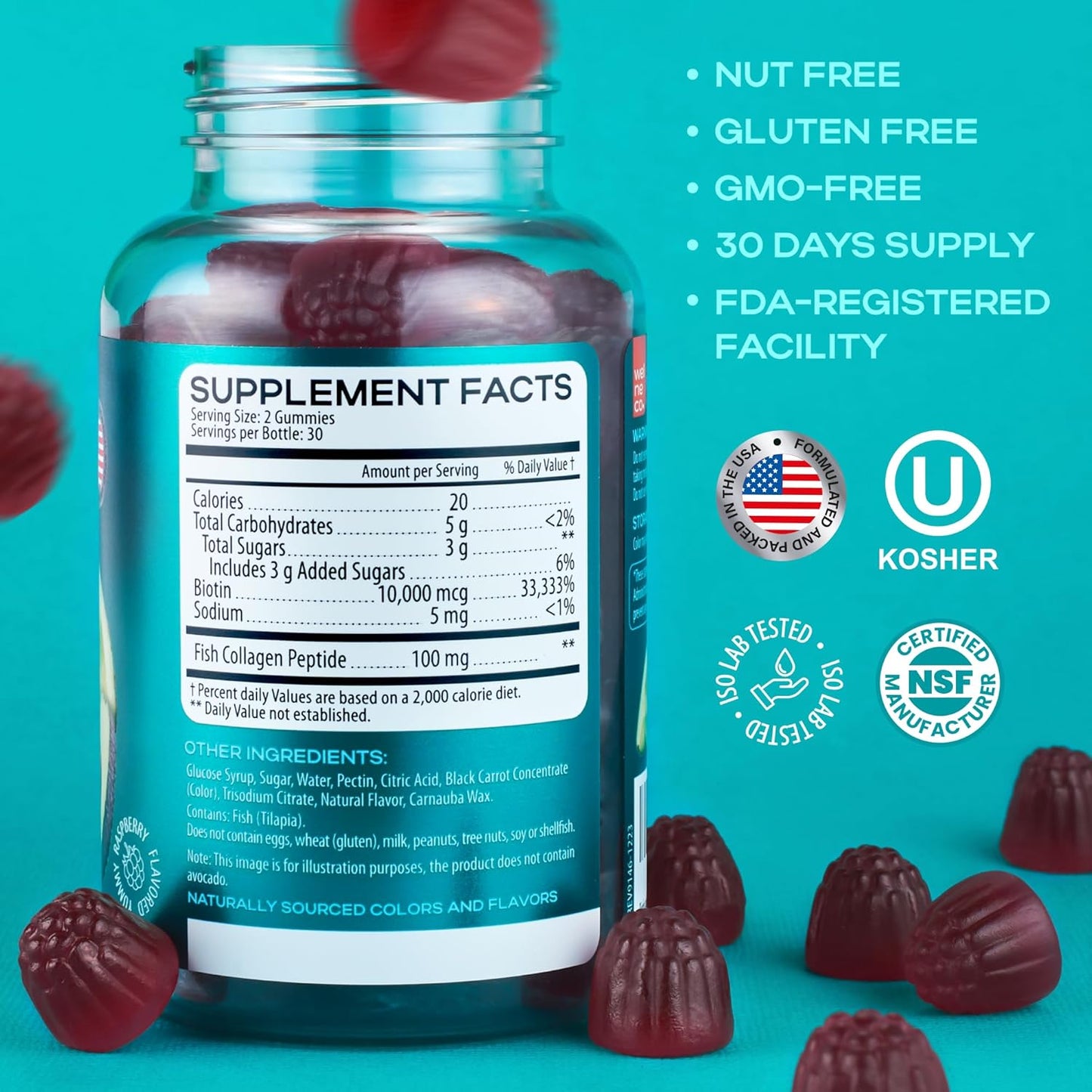 Max Strength Biotin Collagen Gummies - Hair, Skin, Nails Supplement - Non-GMO, Gluten Free, Gelatin Free - Beauty Gummies Women Men
