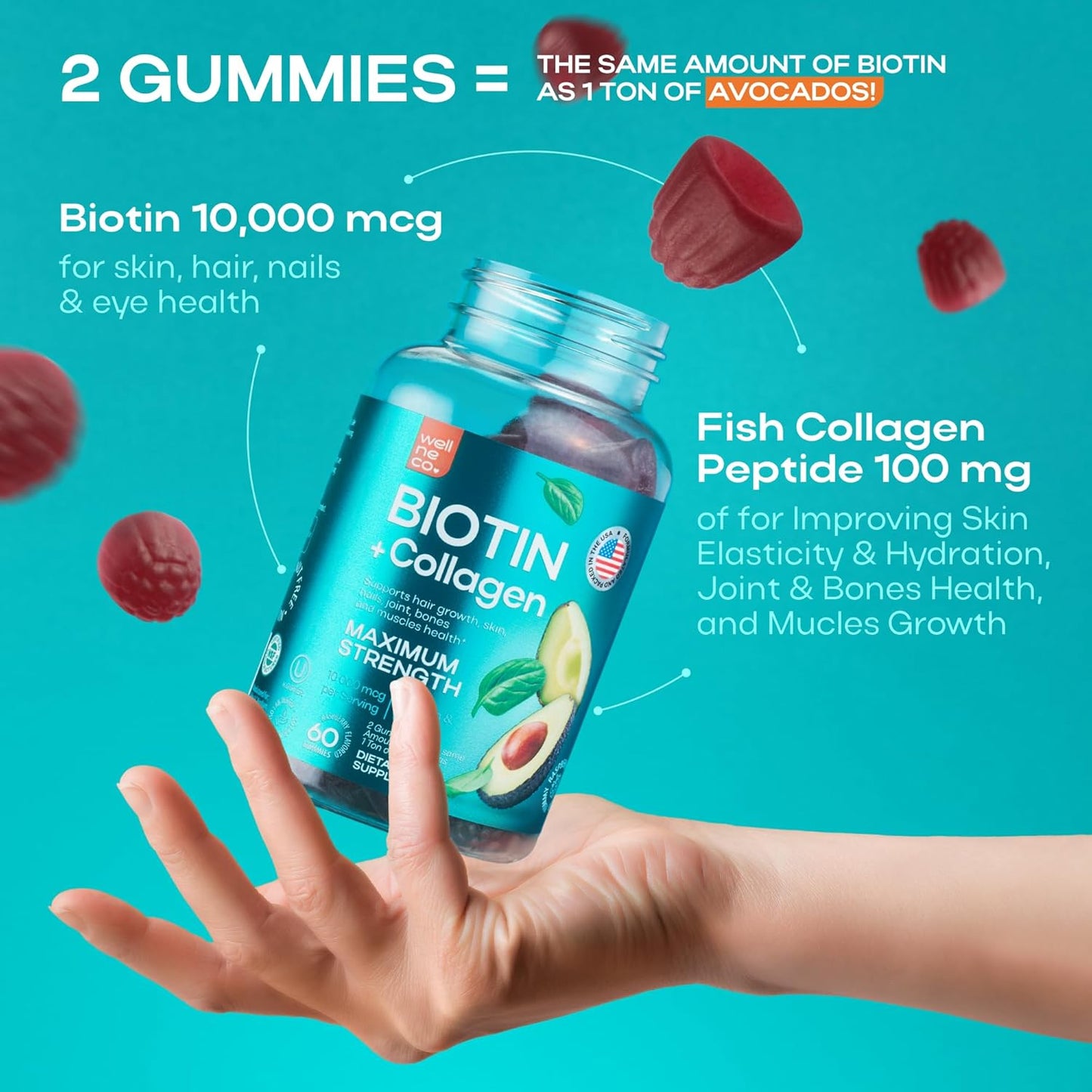 Max Strength Biotin Collagen Gummies - Hair, Skin, Nails Supplement - Non-GMO, Gluten Free, Gelatin Free - Beauty Gummies Women Men