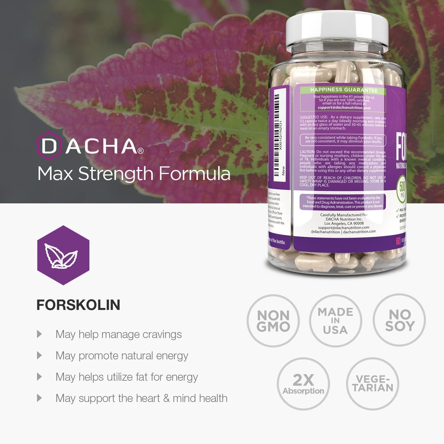 Max Strength DACHA Natural Forskolin - 500mg Coleus Extract, Keto Diet Pills for Fast Slimming Formula, Slim Look for Women & Men, Rapid Tone, Luna Trim, MD Formula
