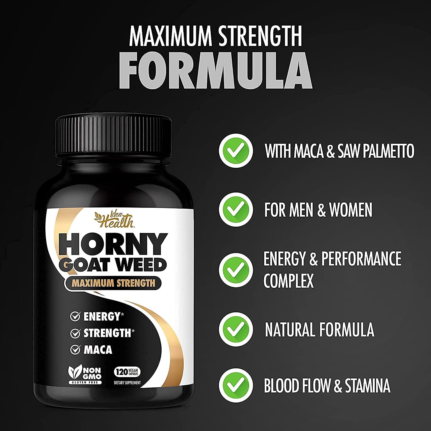Max Strength Horny Goat Weed & Maca Energy Complex | 1275mg | 2 Month Supply | Energy & Performance for Men and Women | 120 Vegan Capsules