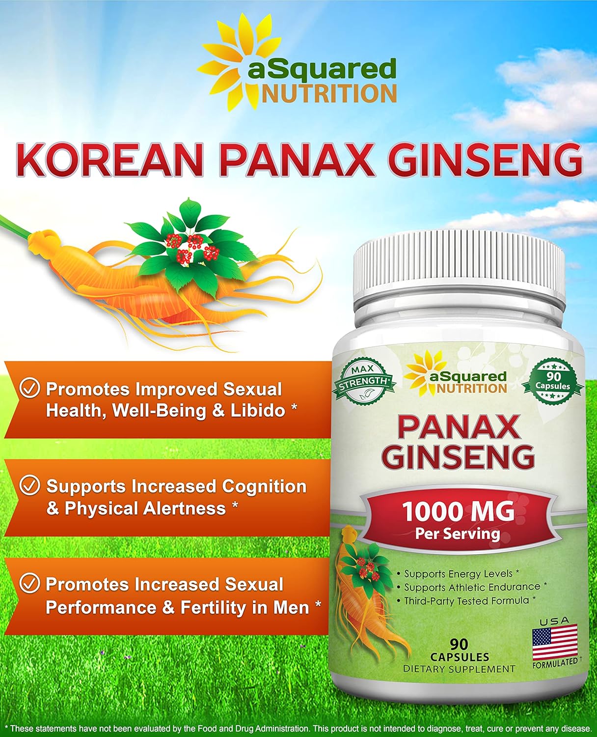 Max Strength Natural Korean Panax Ginseng Capsules - 1000mg Root Extract Complex with High Ginsenosides - Red & White Ginseng Supplement for Energy Boost - 90 Tablets