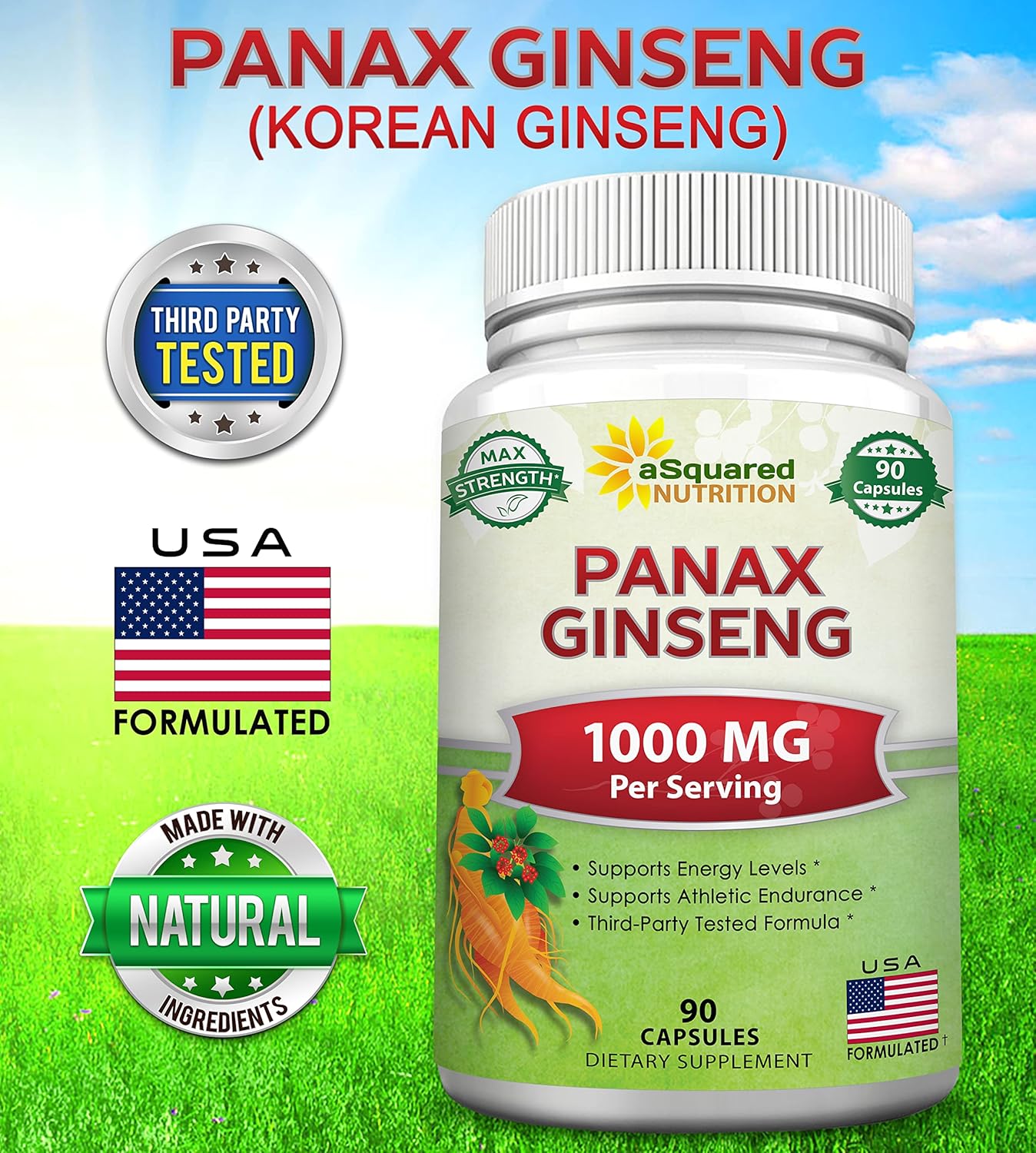 Max Strength Natural Korean Panax Ginseng Capsules - 1000mg Root Extract Complex with High Ginsenosides - Red & White Ginseng Supplement for Energy Boost - 90 Tablets