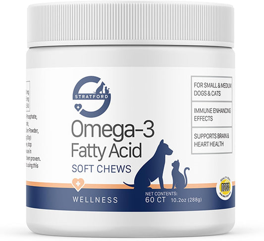 Max Strength Omega 3 Fatty Acid Soft Chews for Small & Medium Dogs - Fish Oil Dog Supplement - 60 Soft Chews by Stratford Pharmaceuticals