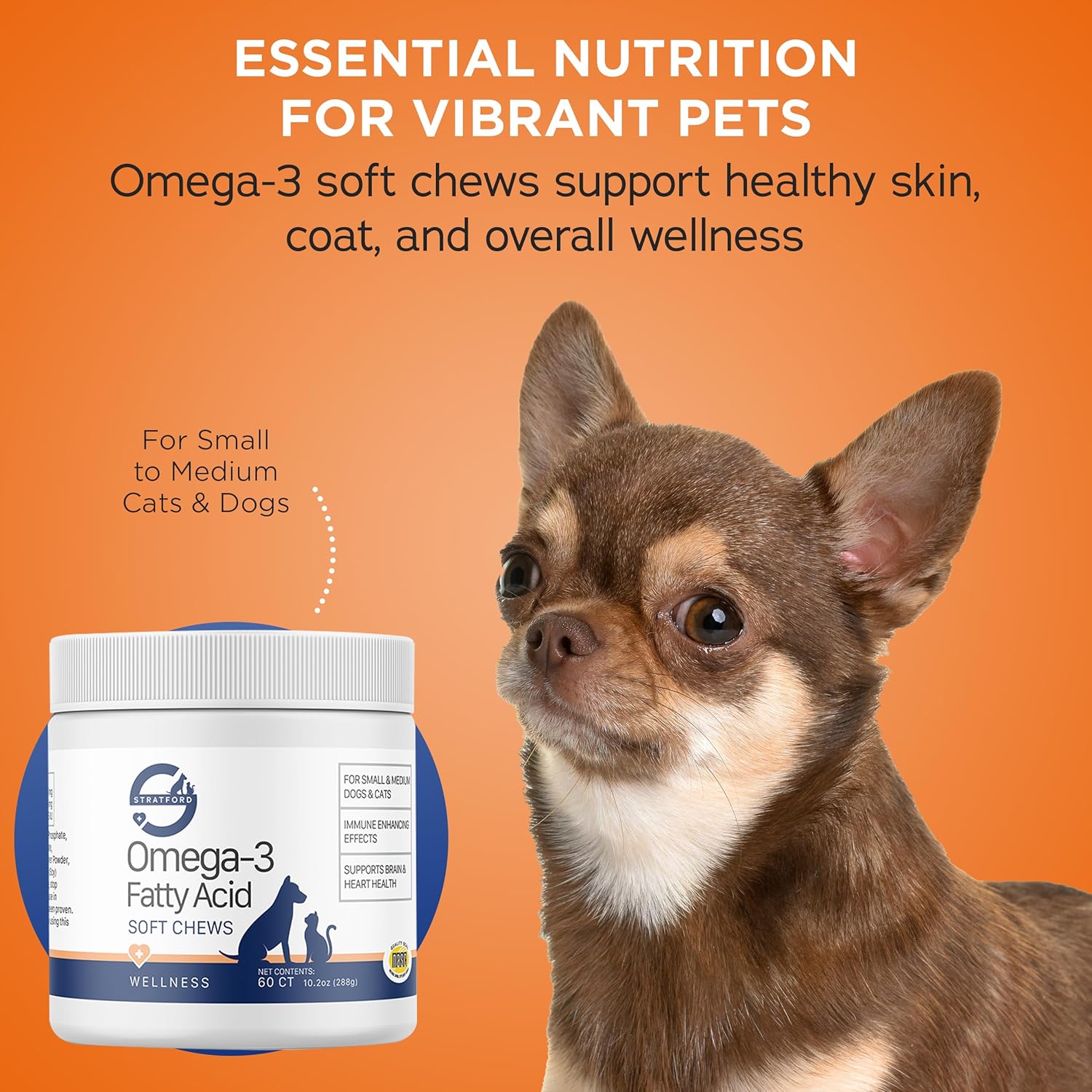Max Strength Omega 3 Fatty Acid Soft Chews for Small & Medium Dogs - Fish Oil Dog Supplement - 60 Soft Chews by Stratford Pharmaceuticals