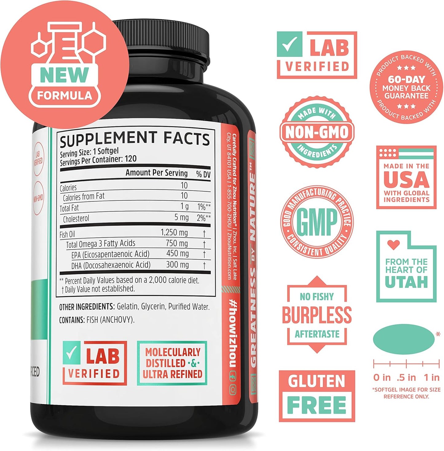 Max Strength Omega 3 Fish Oil Softgels, 1250 mg EPA and DHA, Purified Sustainably Sourced, 120 Servings