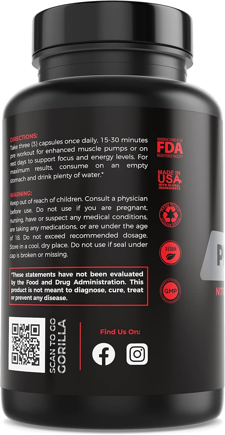 Max Strength Primal Pump Nitric Oxide Supplement for Muscle Growth, Energy & Focus - 1500mg Nootropic Blend of Nitrosigine L Arginine & Beet Root - Pre Workout N.O. Booster for Pumps & Blood Flow
