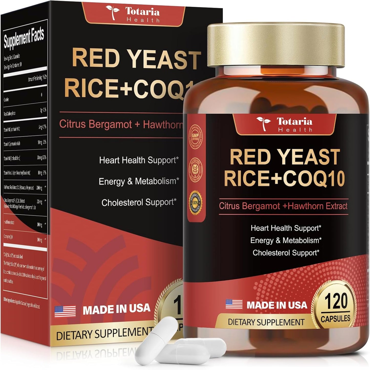 Max Strength Red Yeast Rice with CoQ10 Capsules - 2000 Extract, Citrus Bergamot, Cholesterol & Energy Supplement - Vegan Non-GMO, 3rd-Party Tested