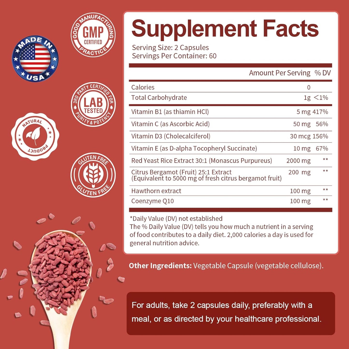 Max Strength Red Yeast Rice with CoQ10 Capsules - 2000 Extract, Citrus Bergamot, Cholesterol & Energy Supplement - Vegan Non-GMO, 3rd-Party Tested