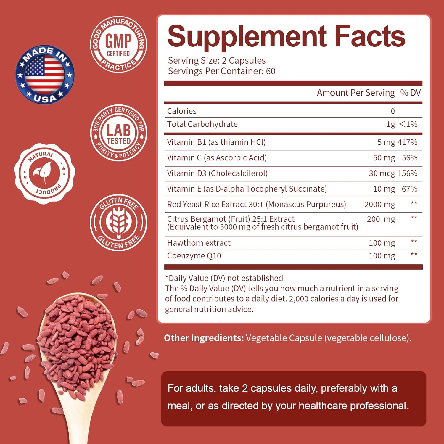 Max Strength Red Yeast Rice with CoQ10 Capsules - 2000 Extract, Citrus Bergamot, Cholesterol & Energy Supplement - Vegan Non-GMO, 3rd-Party Tested