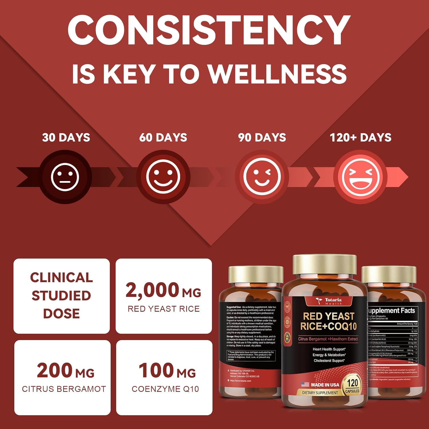 Max Strength Red Yeast Rice with CoQ10 Capsules - 2000 Extract, Citrus Bergamot, Cholesterol & Energy Supplement - Vegan Non-GMO, 3rd-Party Tested