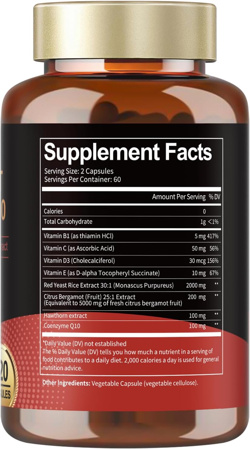 Max Strength Red Yeast Rice with CoQ10 Capsules - 2000 Extract, Citrus Bergamot, Cholesterol & Energy Supplement - Vegan Non-GMO, 3rd-Party Tested