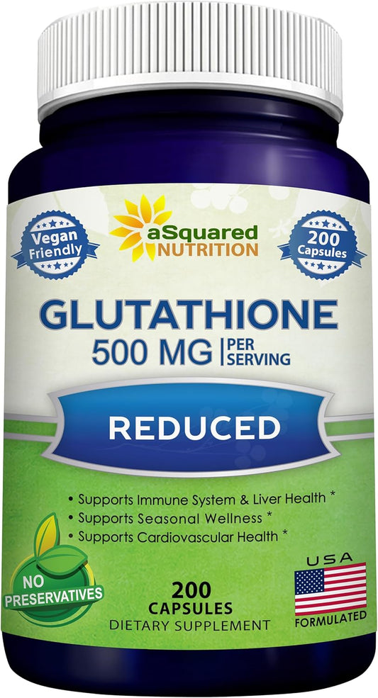 Max Strength Reduced Glutathione 500mg Supplement - 200 Capsules for Liver Health & Detox - L-Glutathione Antioxidant for Immune & Brain Support