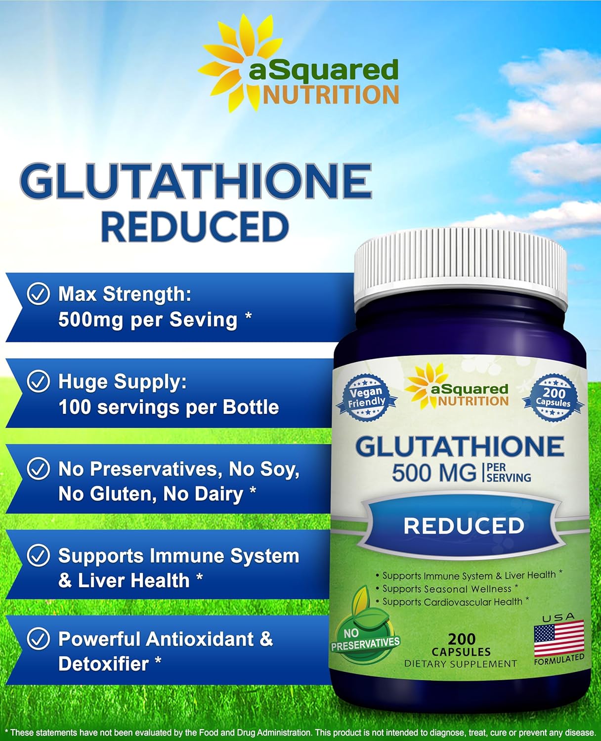 Max Strength Reduced Glutathione 500mg Supplement - 200 Capsules for Liver Health & Detox - L-Glutathione Antioxidant for Immune & Brain Support
