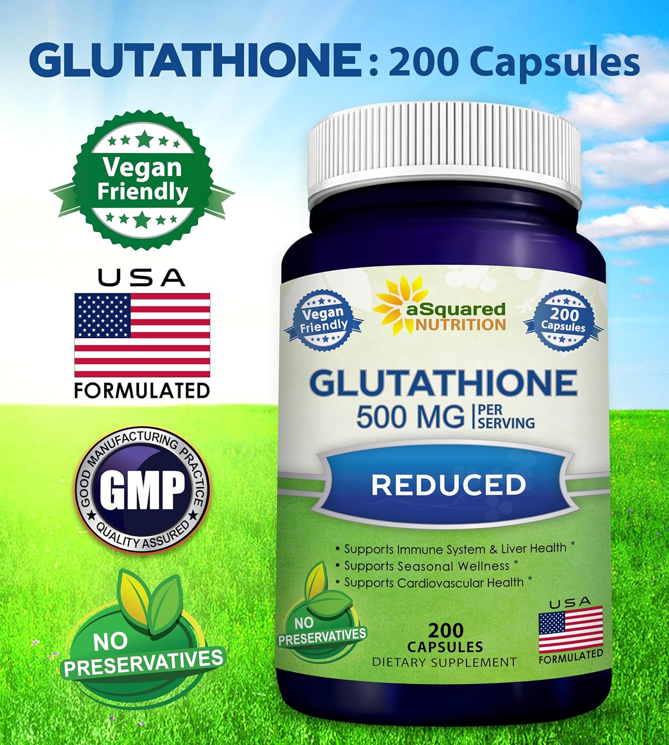 Max Strength Reduced Glutathione 500mg Supplement - 200 Capsules for Liver Health & Detox - L-Glutathione Antioxidant for Immune & Brain Support