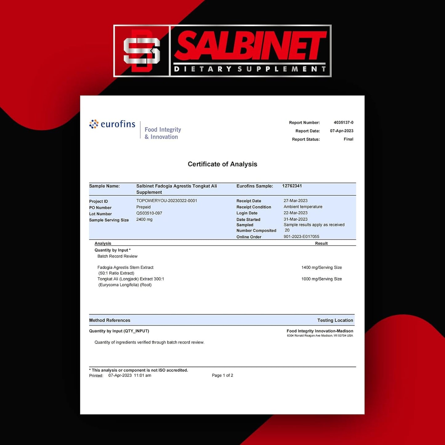 Max Strength Salbinet 2400mg Fadogia Agrestis Tongkat Ali Supplements - Third Party Tested - Boost Muscle Mass & Athletic Performance with 1400mg Fadogia Agrestis & 1000mg Tongkat Ali