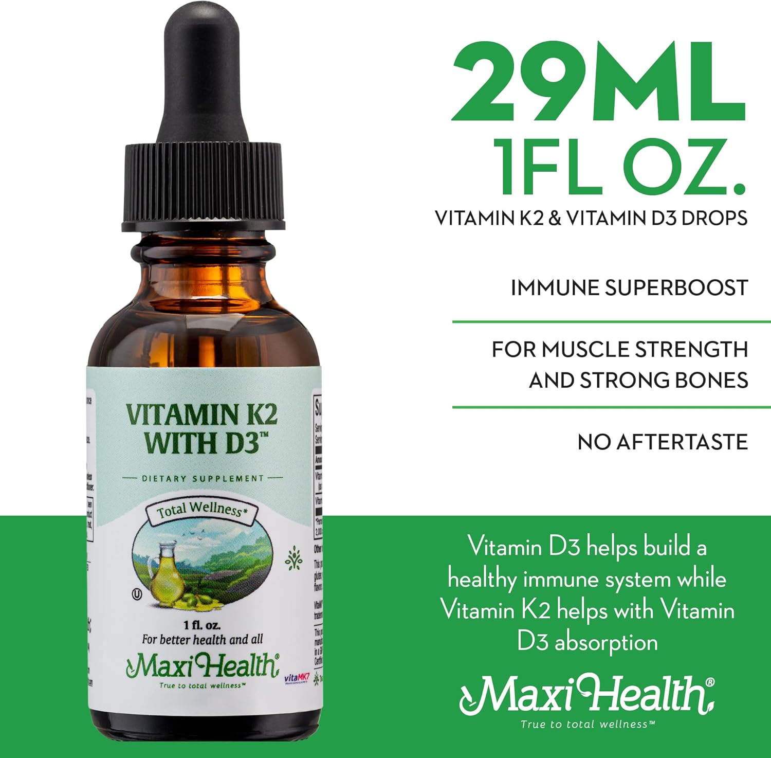 Maxi Health Liquid Vitamin D3 with K2 Drops for Long-Term Health - Vitamin K2 D3 Supplement