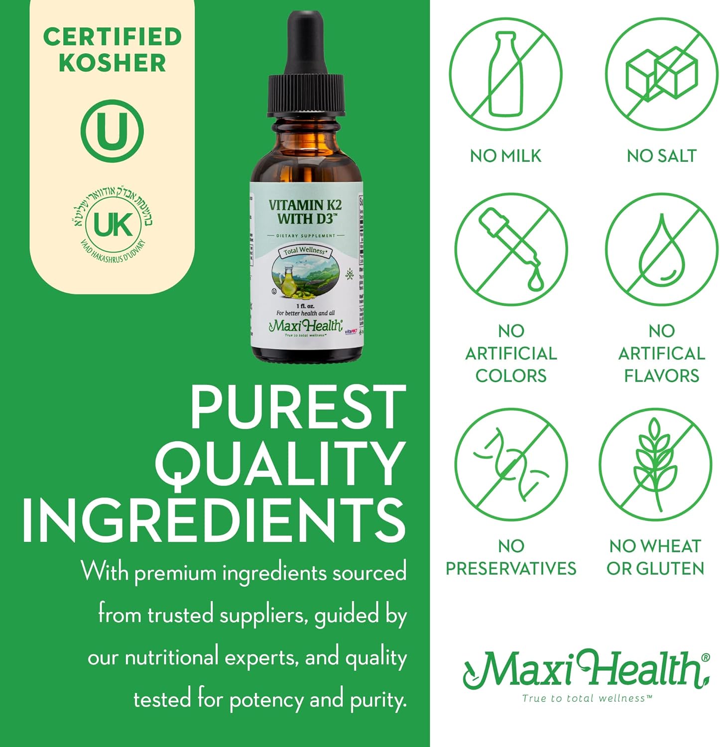 Maxi Health Liquid Vitamin D3 with K2 Drops for Long-Term Health - Vitamin K2 D3 Supplement