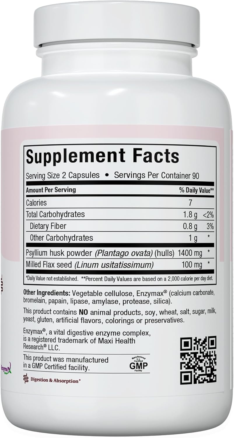 Maxi Health Maxi Fiber 1500 mg Capsules with Psyllium Husk - Daily Dietary Supplement for Adults - 180 Count Pack