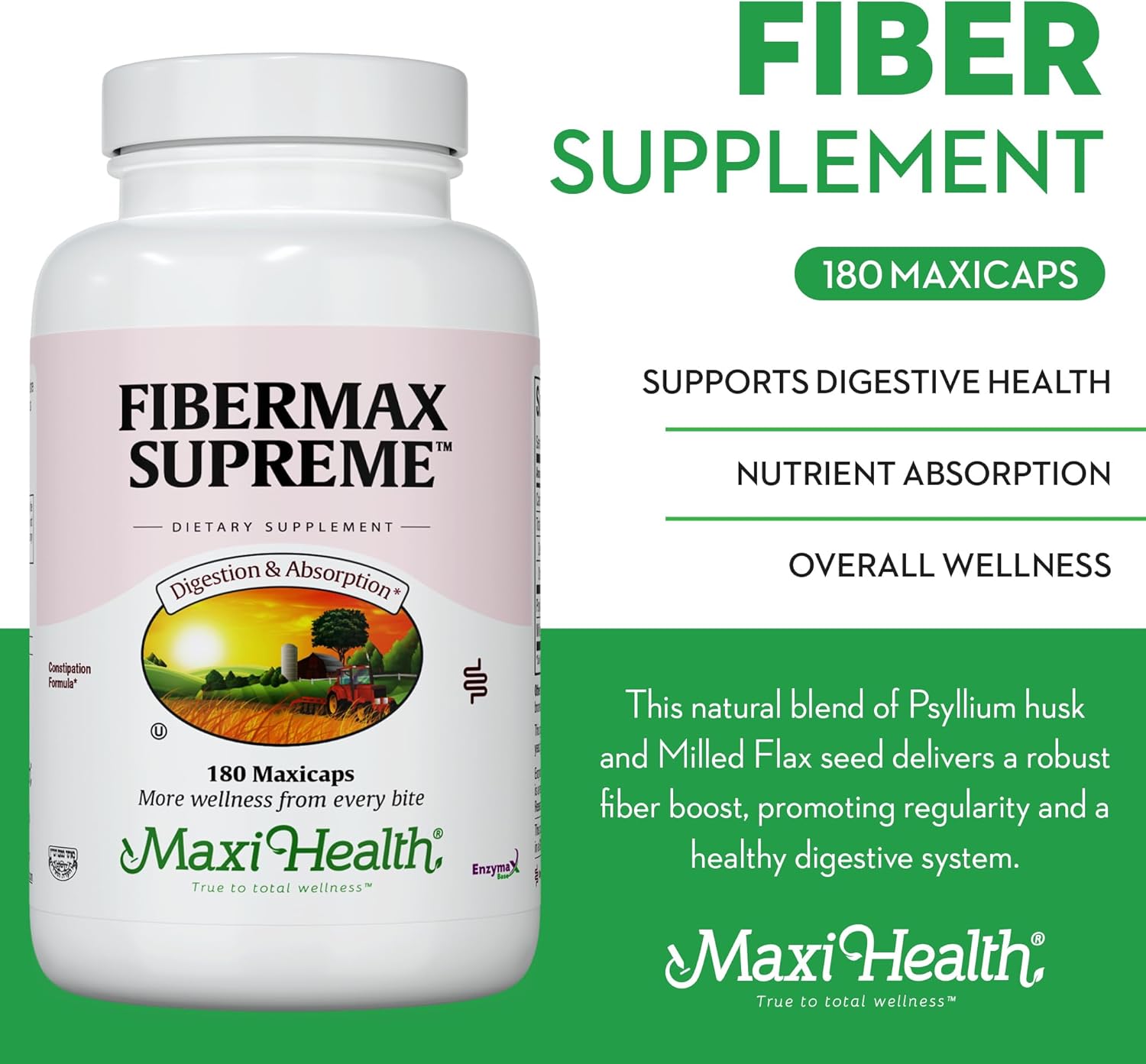 Maxi Health Maxi Fiber 1500 mg Capsules with Psyllium Husk - Daily Dietary Supplement for Adults - 180 Count Pack