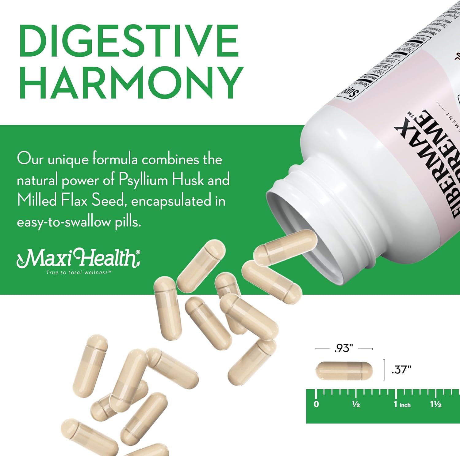 Maxi Health Maxi Fiber 1500 mg Capsules with Psyllium Husk - Daily Dietary Supplement for Adults - 180 Count Pack