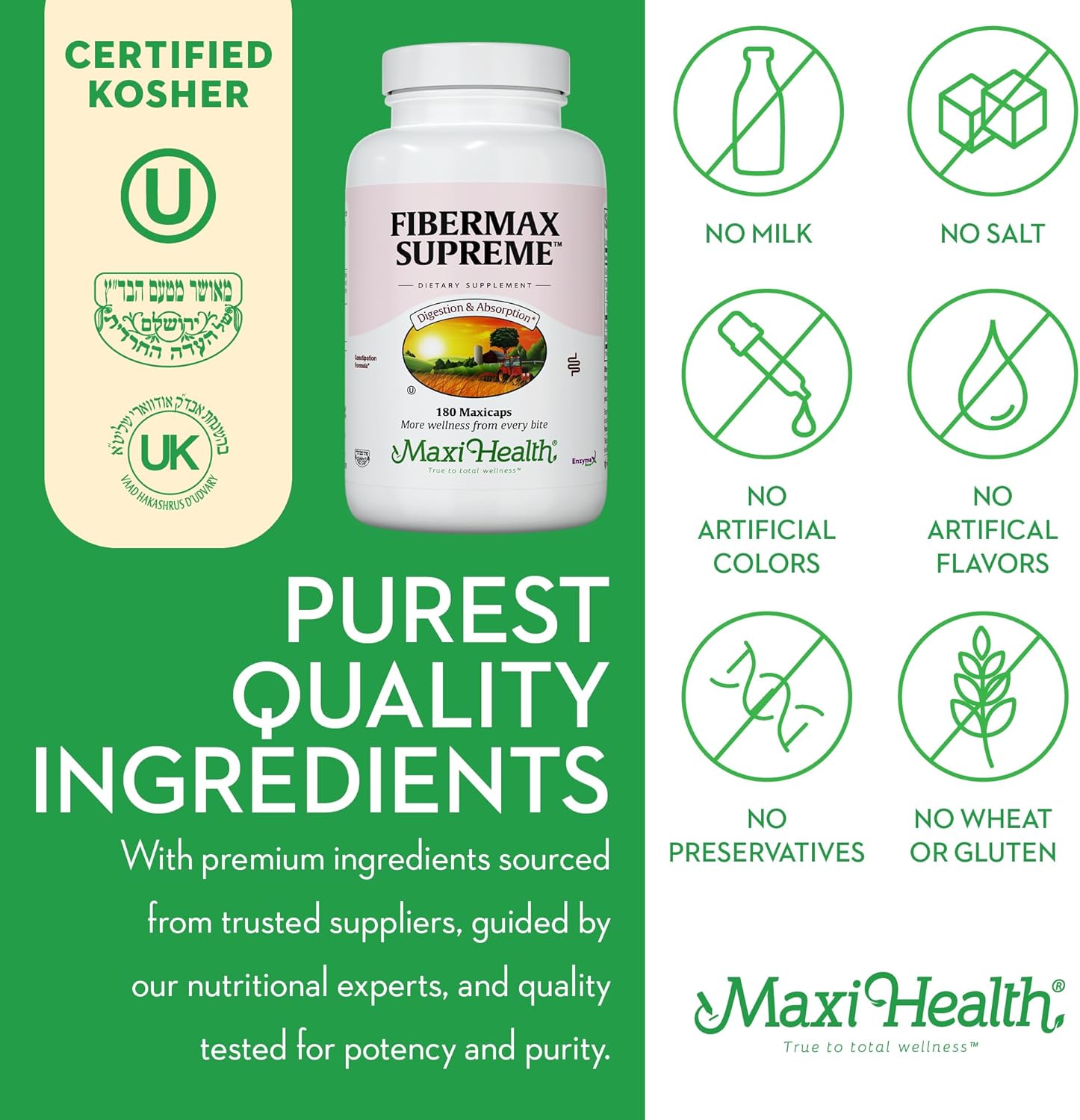 Maxi Health Maxi Fiber 1500 mg Capsules with Psyllium Husk - Daily Dietary Supplement for Adults - 180 Count Pack