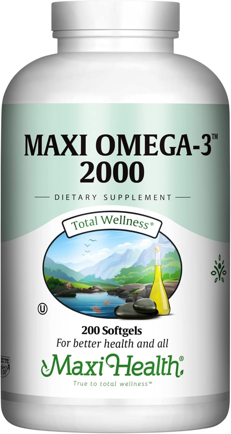 Maxi Health Omega-3 Fish Oil Supplement 2000mg - Natural EPA & DHA Source for Heart, Brain, Joint Health - Kosher Certified 200 Softgels