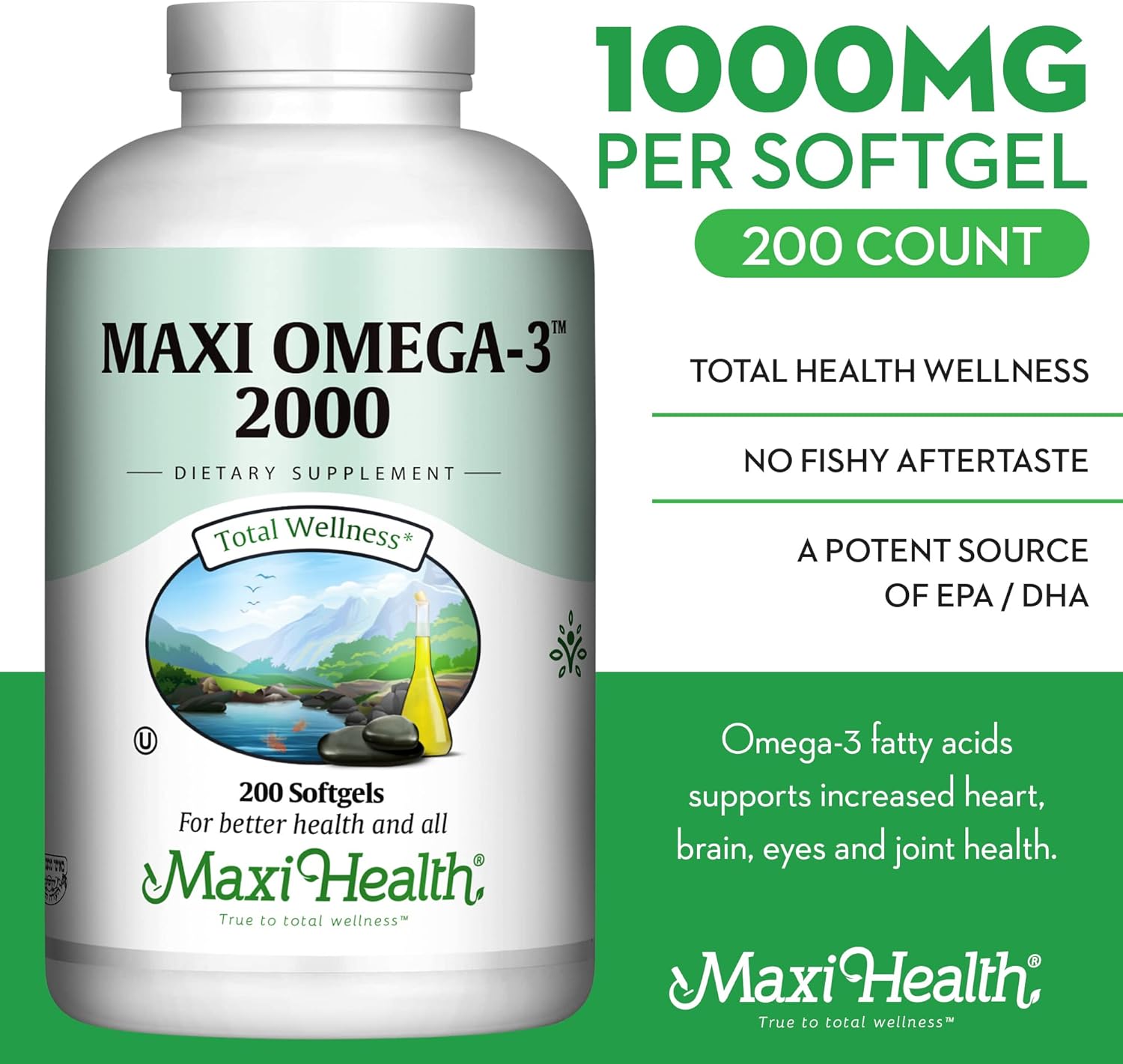 Maxi Health Omega-3 Fish Oil Supplement 2000mg - Natural EPA & DHA Source for Heart, Brain, Joint Health - Kosher Certified 200 Softgels